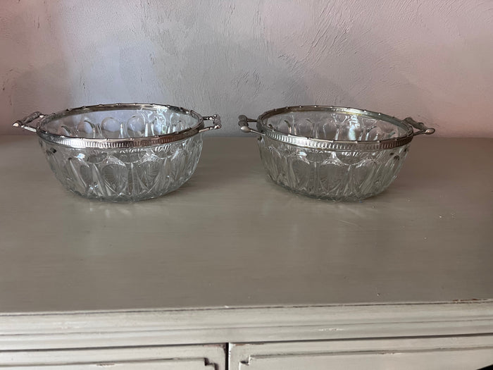 Pair of Vintage Bohemian Glass Bowls with Silverplate Rim