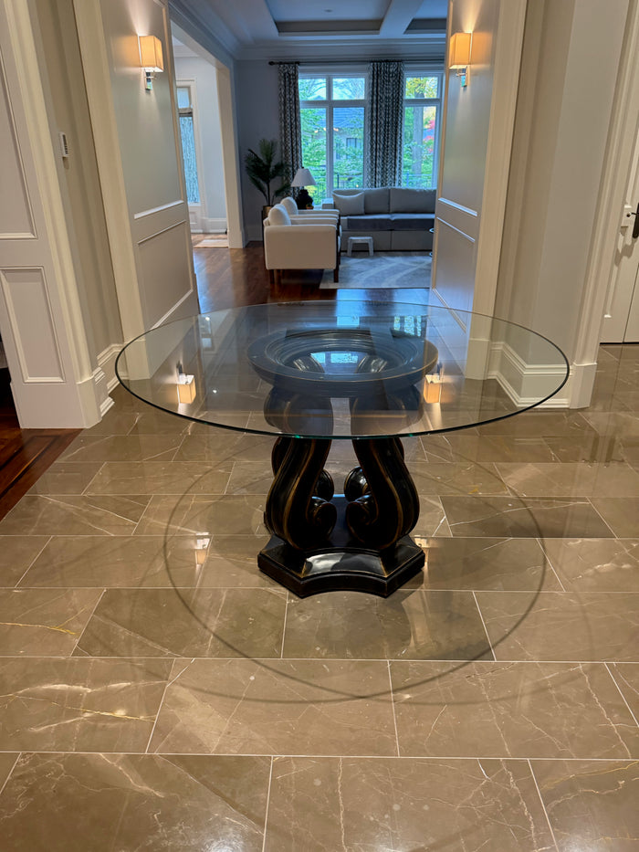 Round Glass with Black Wood Base Dining Table/Centre Table