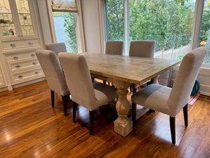 Salvaged Wood Style Dining Table + 6 Custom Grey Fabric Chairs