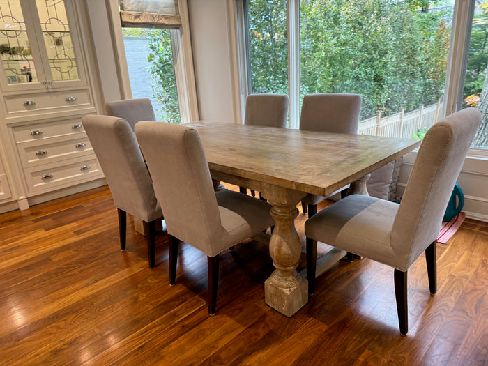Salvaged Wood Style Dining Table + 6 Custom Grey Fabric Chairs
