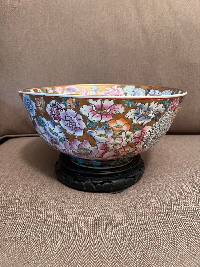 Vintage Chinese Decorative Bowl on Stand, Made in Macau