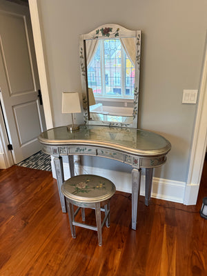 Kidney Shaped Silver Painted Vanity Table with Mirror + Matching Stool
