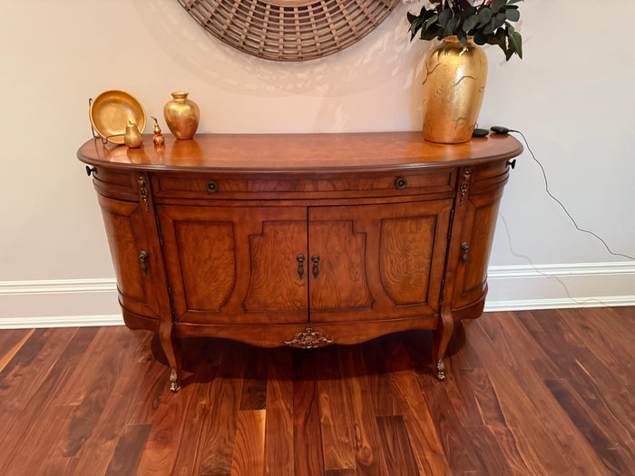 Traditional Bow-Fronted Walnut Sideboard with Ornate Brass Accents