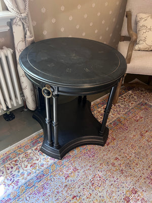 Black Round Accent Table with Paris 1889 Clock Inlay