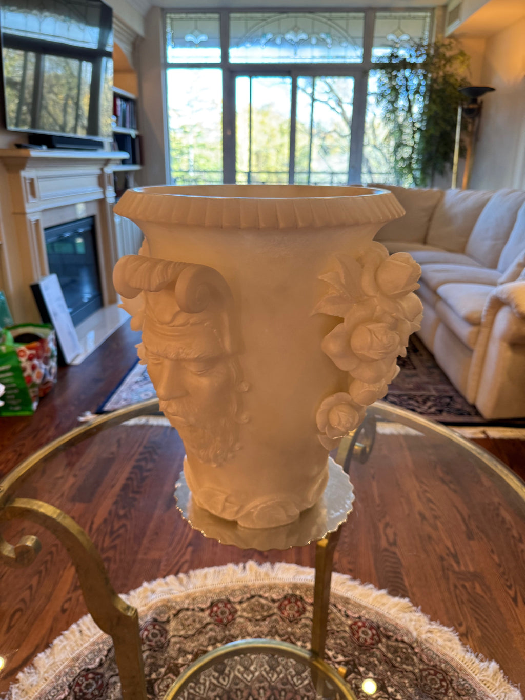 Exquisite Carved Alabaster Vase Featuring Classical Bacchus Mask