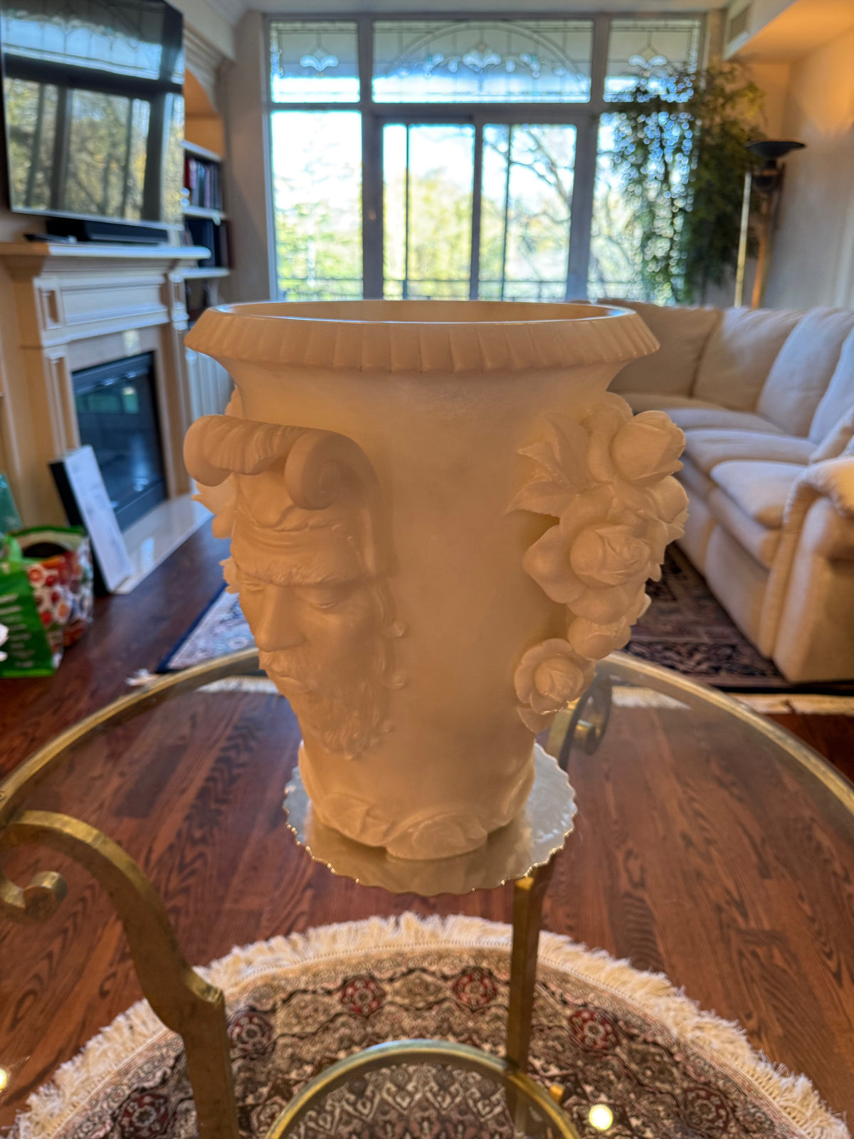 Exquisite Carved Alabaster Vase Featuring Classical Bacchus Mask