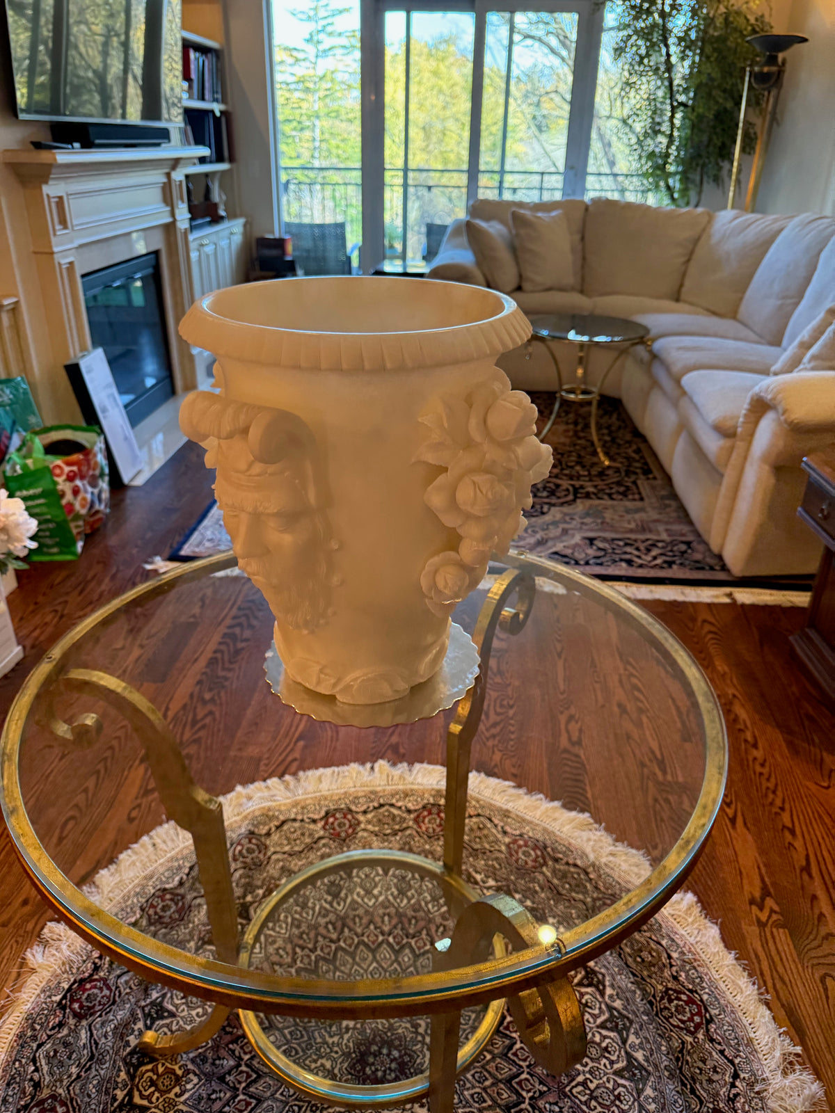 Exquisite Carved Alabaster Vase Featuring Classical Bacchus Mask
