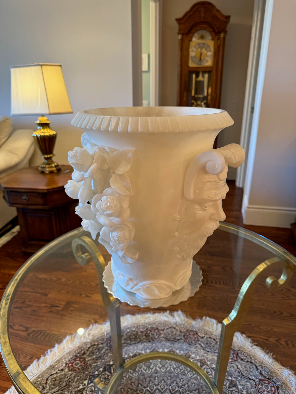 Exquisite Carved Alabaster Vase Featuring Classical Bacchus Mask