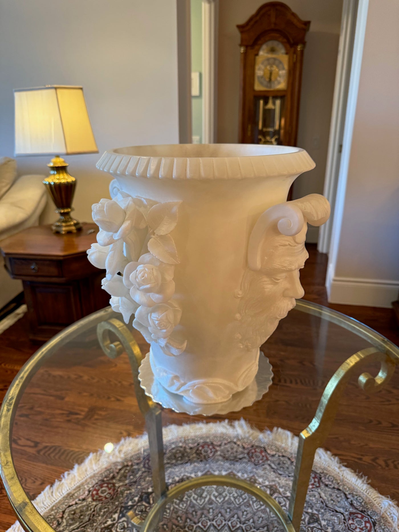 Exquisite Carved Alabaster Vase Featuring Classical Bacchus Mask