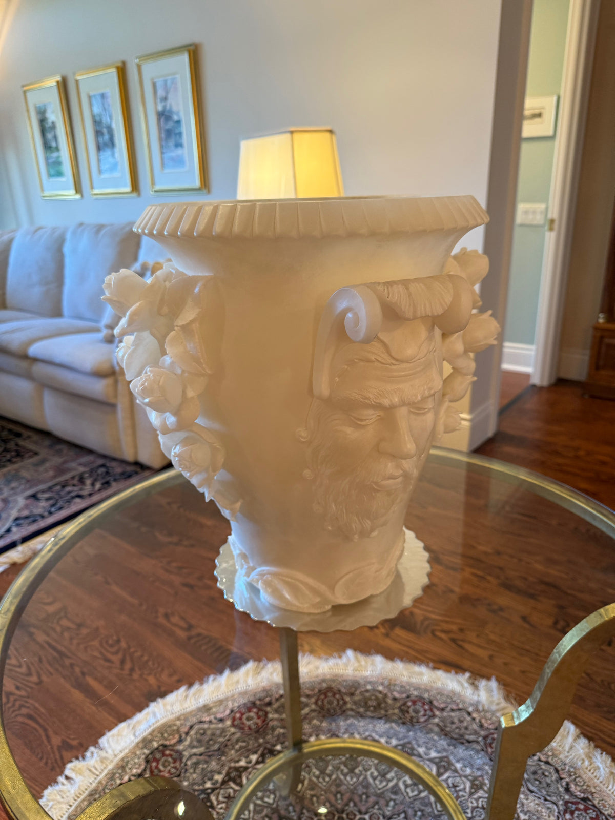 Exquisite Carved Alabaster Vase Featuring Classical Bacchus Mask