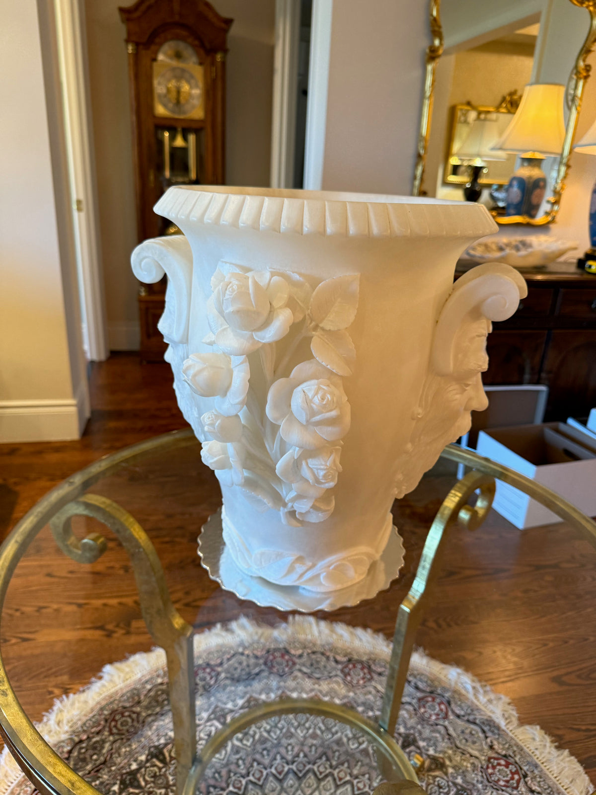 Exquisite Carved Alabaster Vase Featuring Classical Bacchus Mask