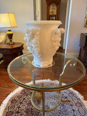 Exquisite Carved Alabaster Vase Featuring Classical Bacchus Mask