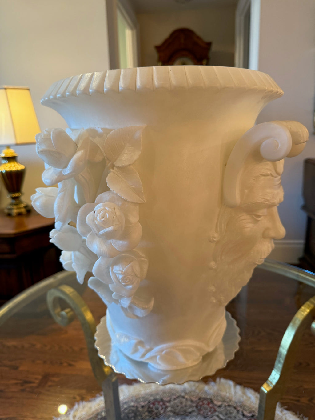 Exquisite Carved Alabaster Vase Featuring Classical Bacchus Mask