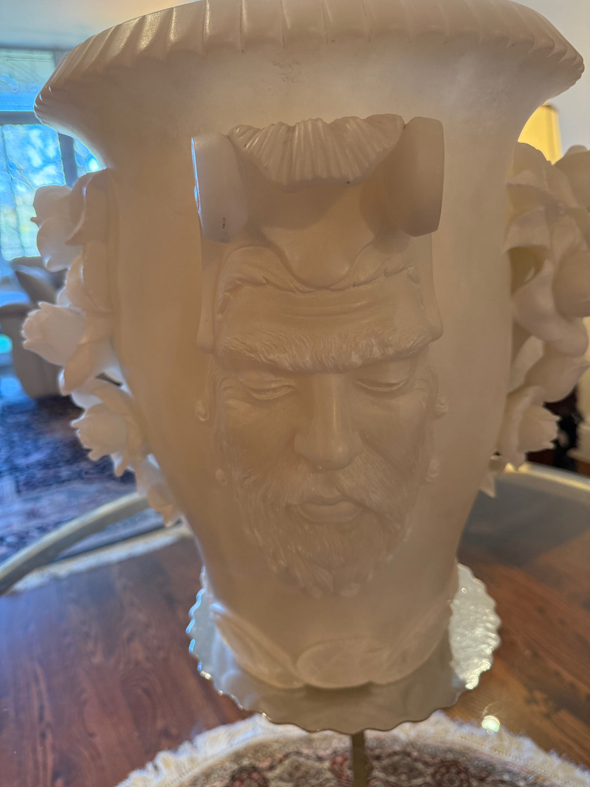 Exquisite Carved Alabaster Vase Featuring Classical Bacchus Mask