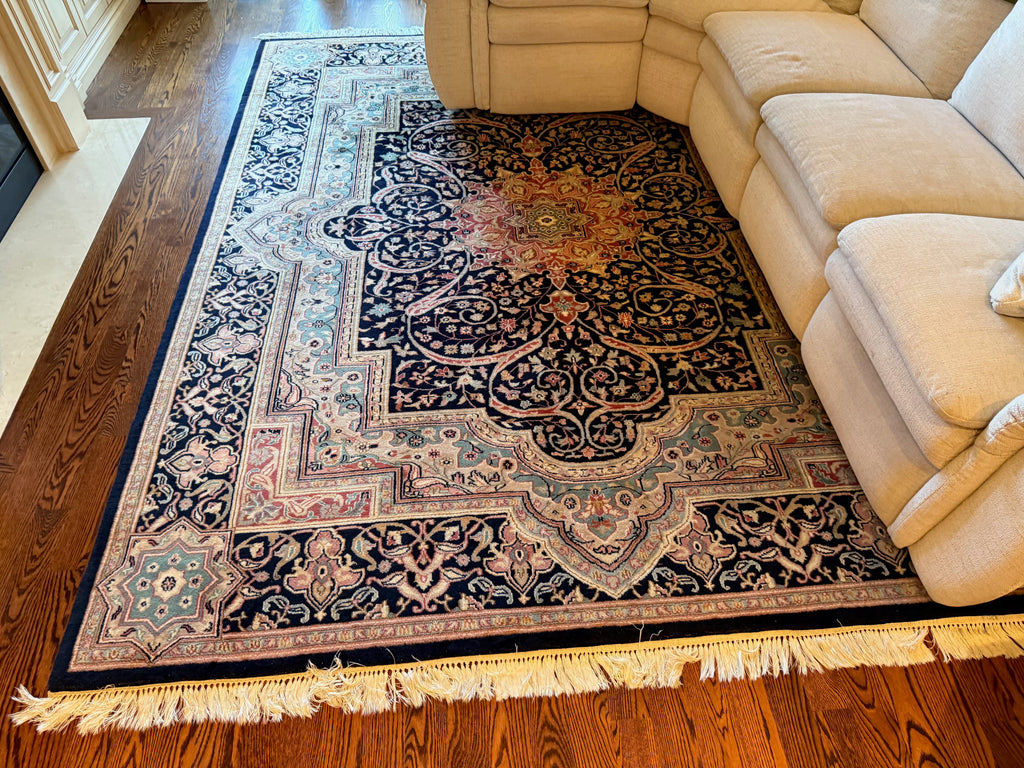 Ethan Allen 'Kirman-212' Blue/Beige 100% Wool Handwoven Rug- 8x10ft