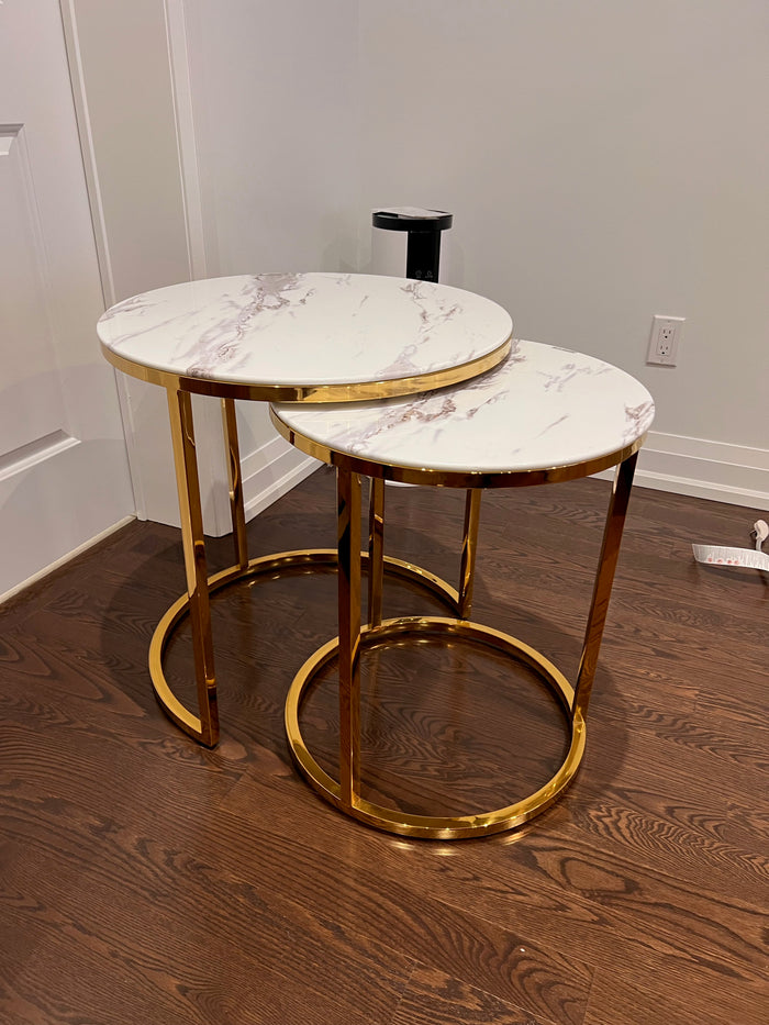2pc Gold with Faux Marble Round Nesting Tables (*retail $399)