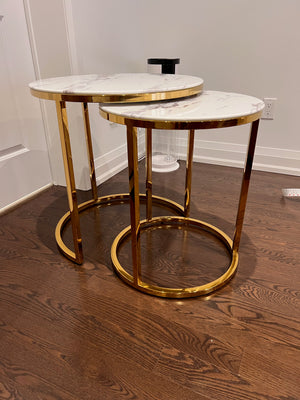 2pc Gold with Faux Marble Round Nesting Tables (*retail $399)