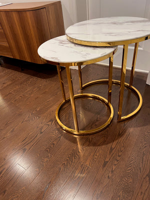2pc Gold with Faux Marble Round Nesting Tables (*retail $399)