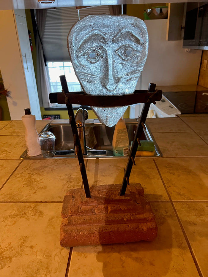Abstract Mask Glass Sculpture on Stand, Signed on Bottom (artist unknown)