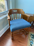 Pair of Oak Captain's Chairs with Blue Upholstery, on Casters