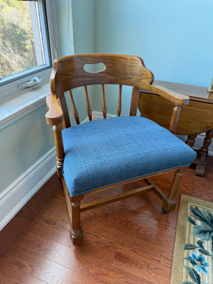 Pair of Oak Captain's Chairs with Blue Upholstery, on Casters