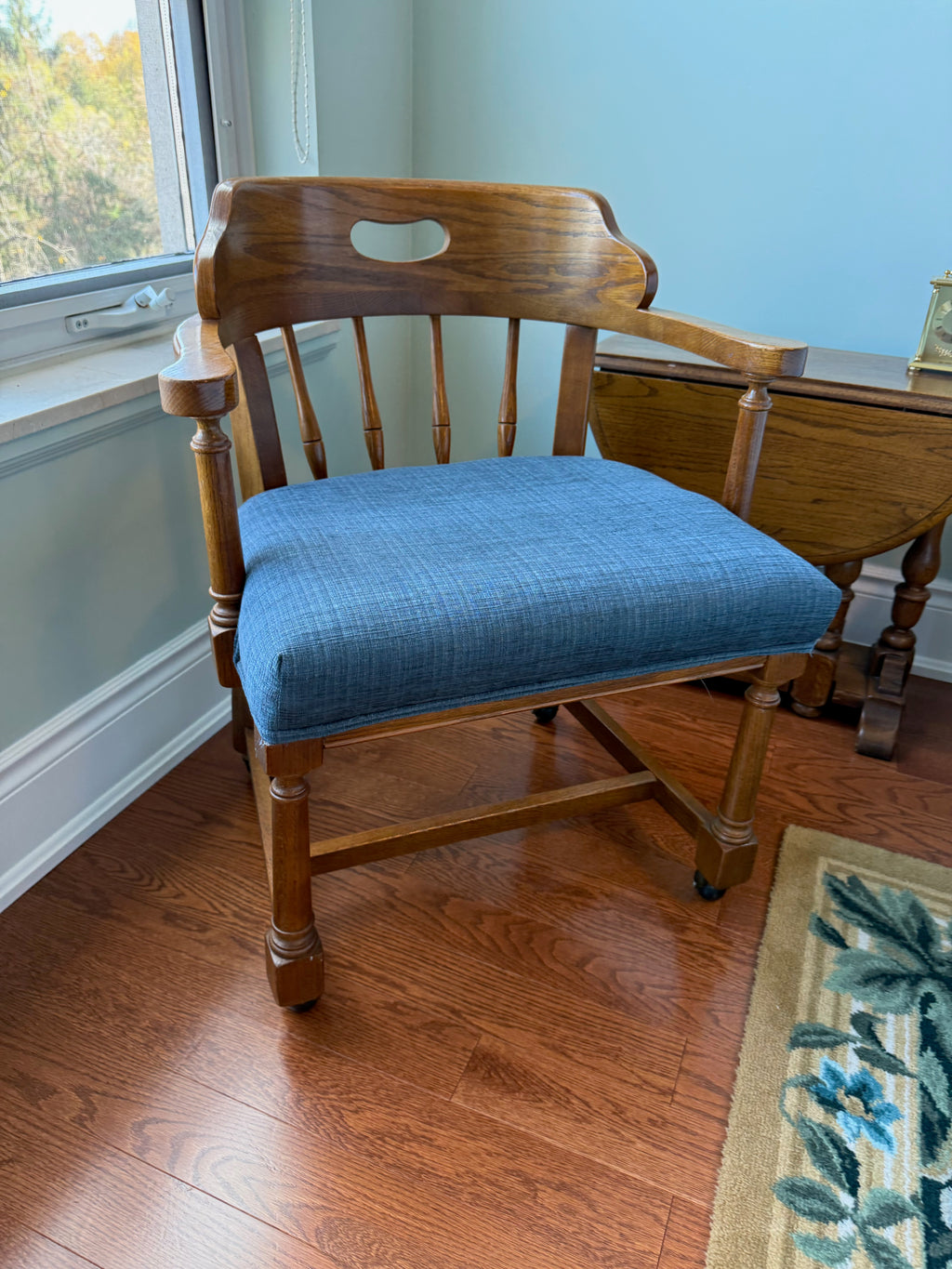 Pair of Oak Captain's Chairs with Blue Upholstery, on Casters