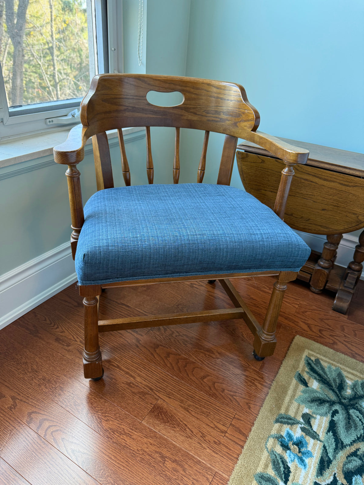 Pair of Oak Captain's Chairs with Blue Upholstery, on Casters