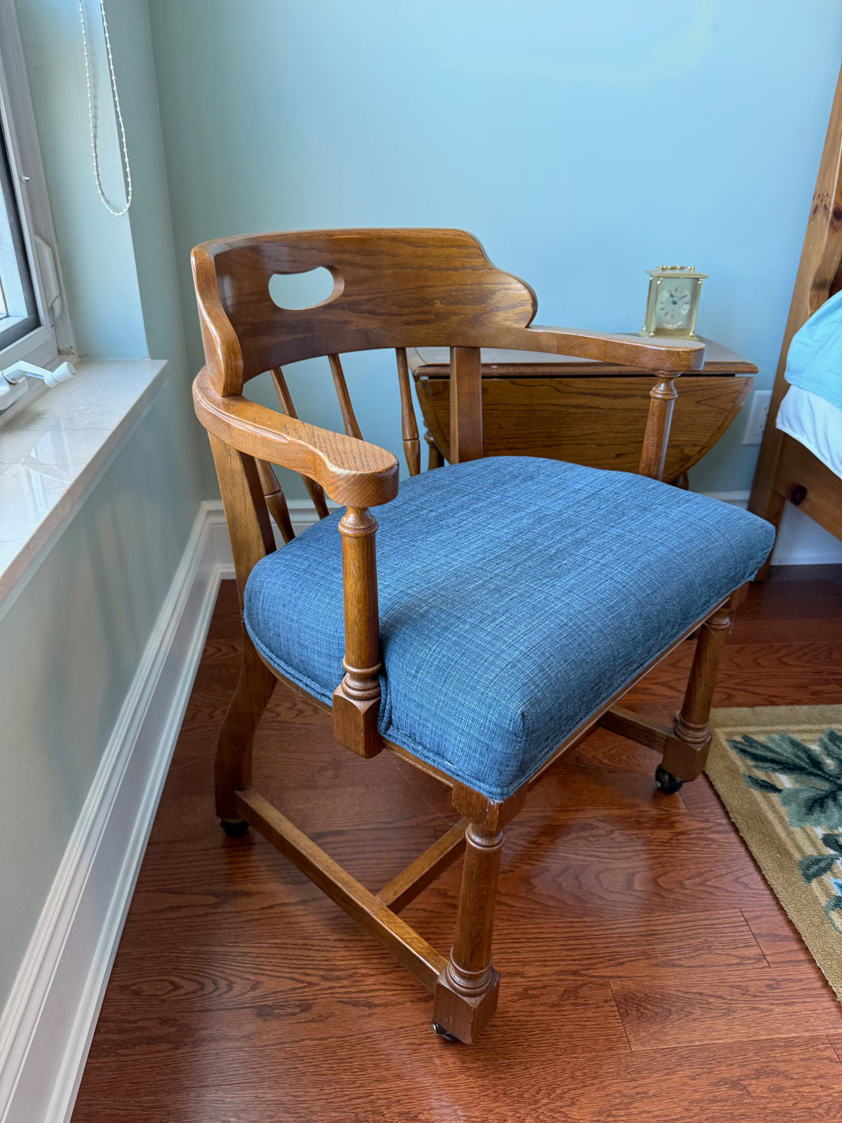 Pair of Oak Captain's Chairs with Blue Upholstery, on Casters