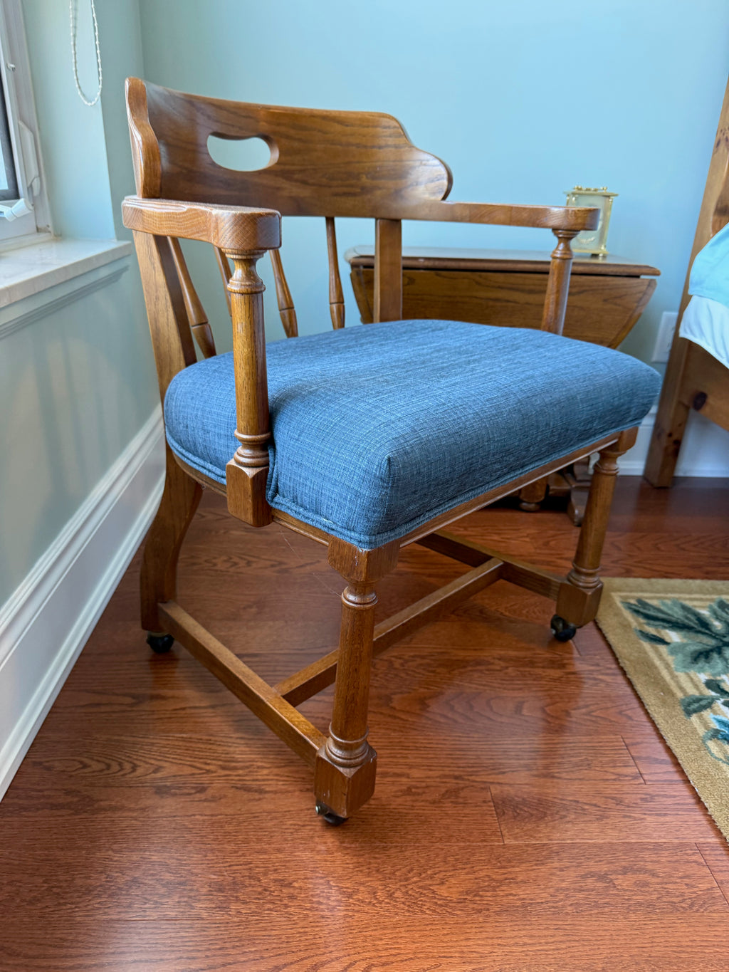 Pair of Oak Captain's Chairs with Blue Upholstery, on Casters