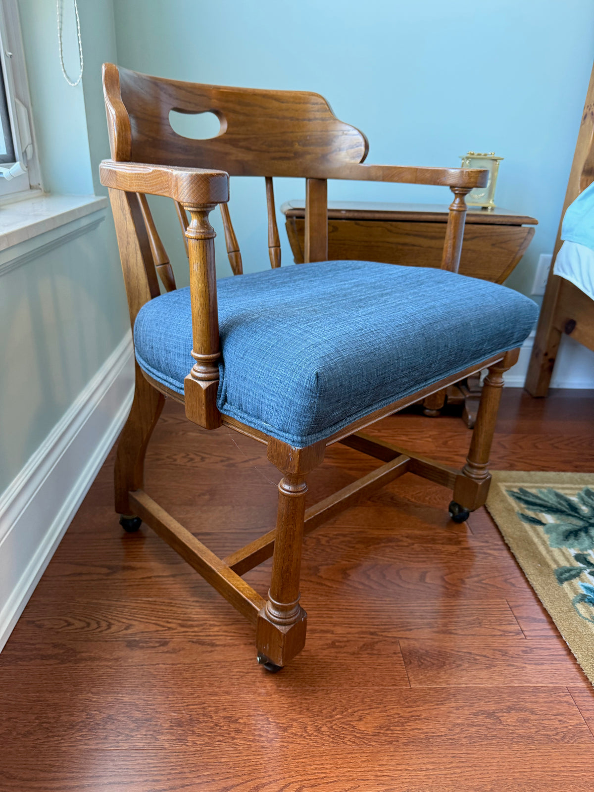Pair of Oak Captain's Chairs with Blue Upholstery, on Casters