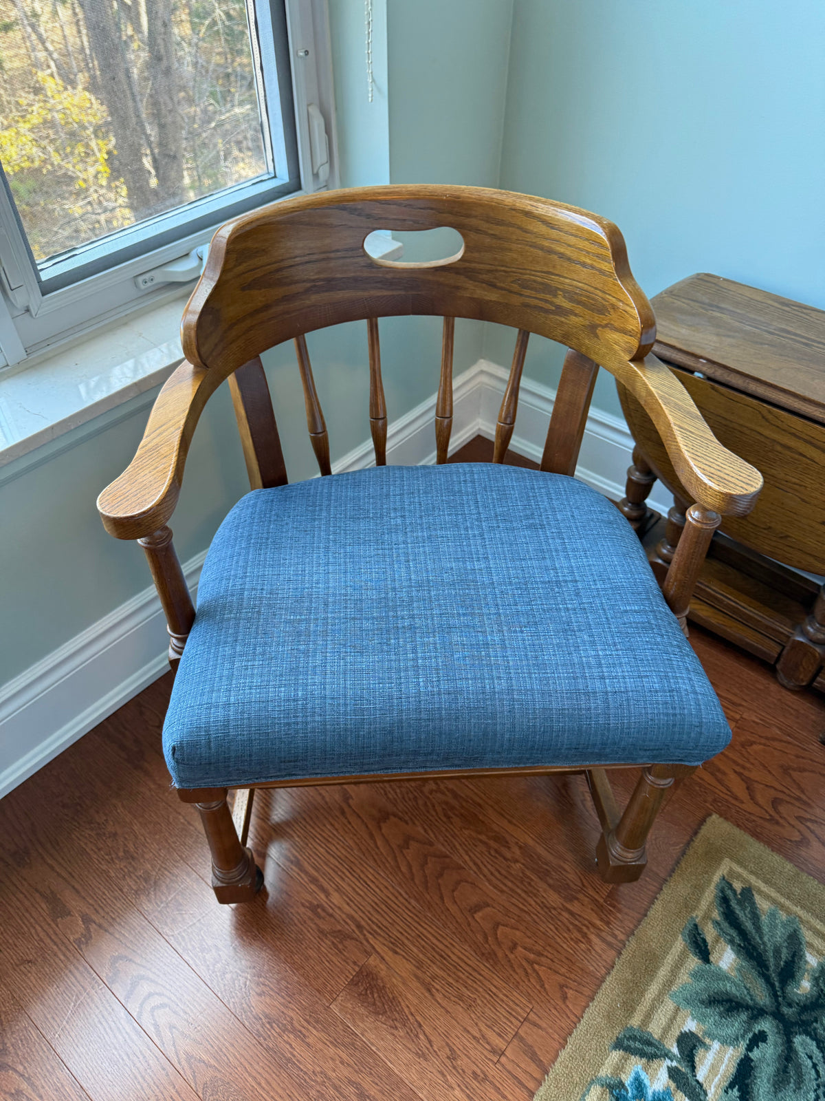 Pair of Oak Captain's Chairs with Blue Upholstery, on Casters