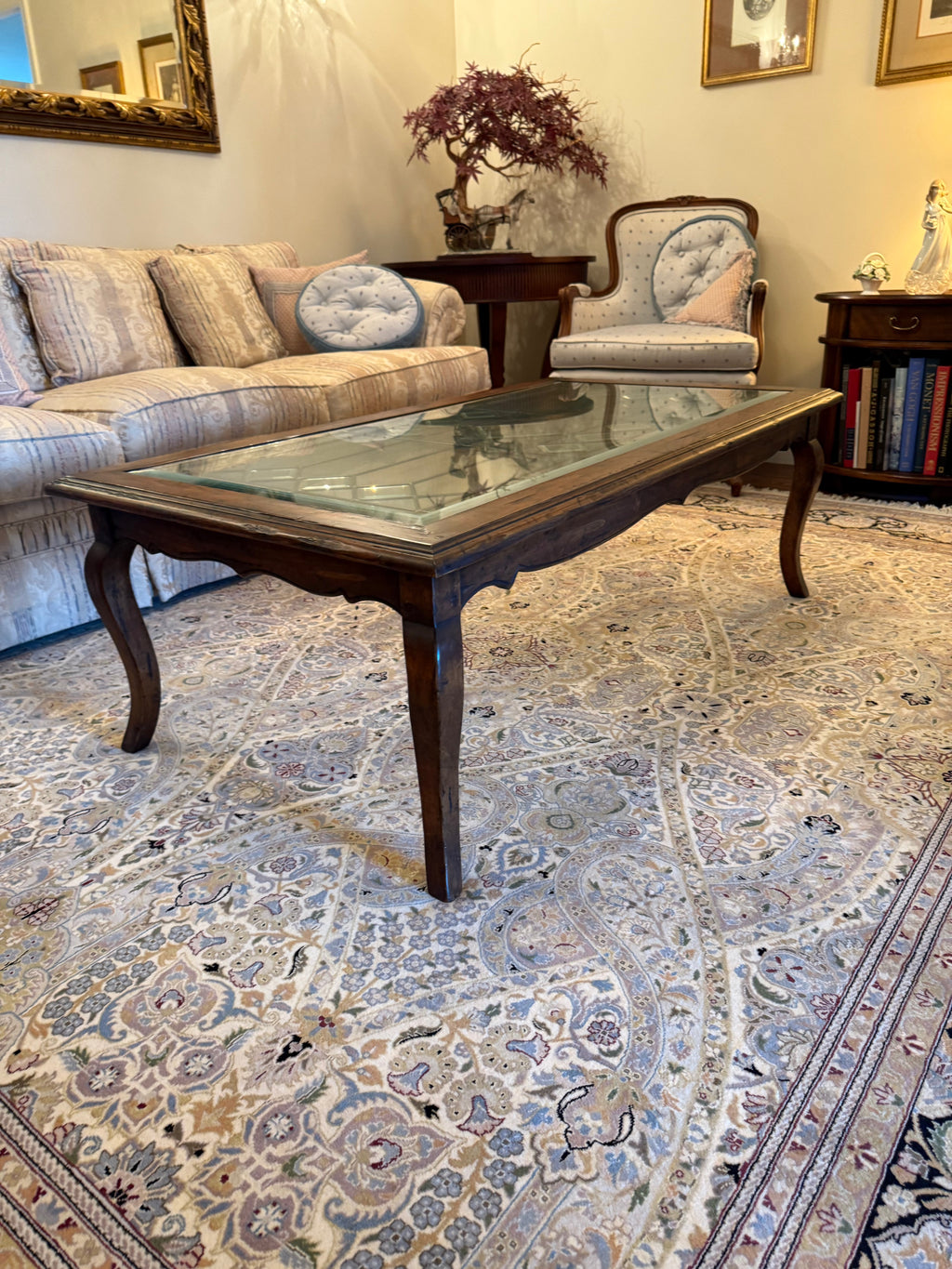 Italian Wood Coffee Table with Beveled Glass