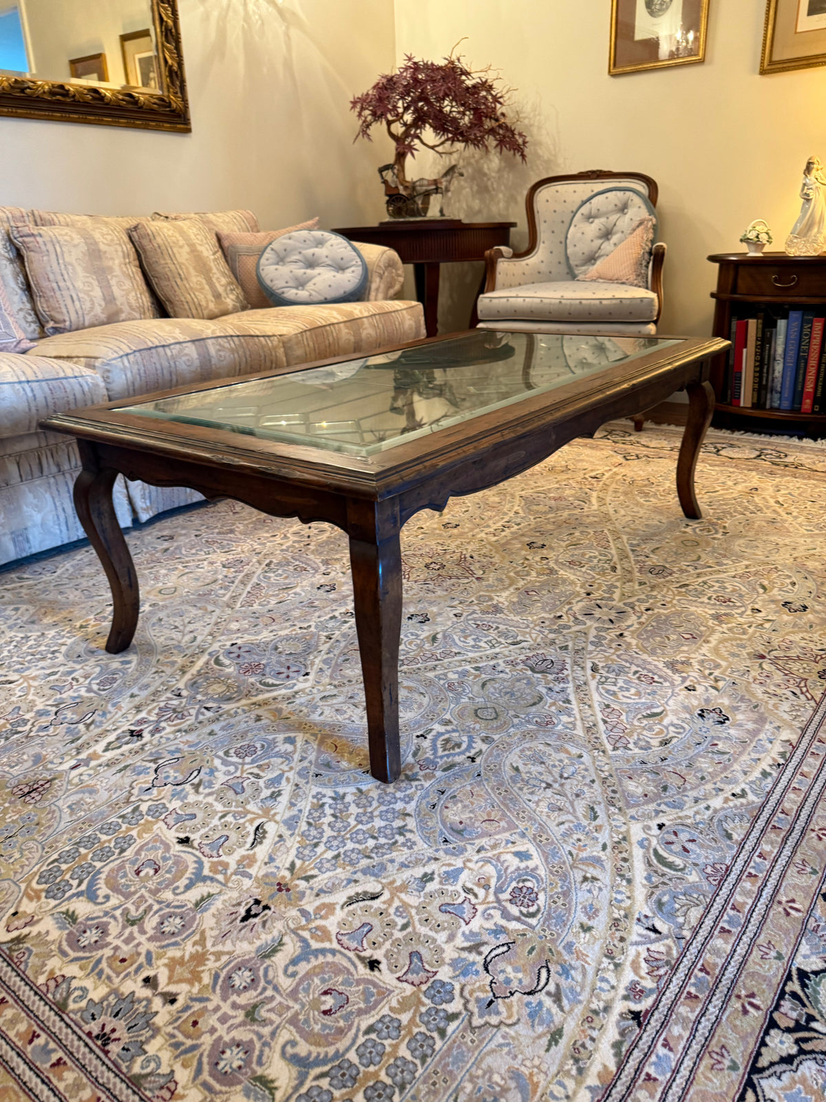 Italian Wood Coffee Table with Beveled Glass
