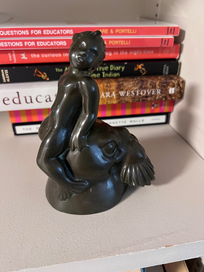 Just Andersen Danish Bronze Sculpture, mythical merboy sitting atop a walrus