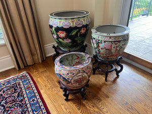 3 Oriental Planters on Stands Lot