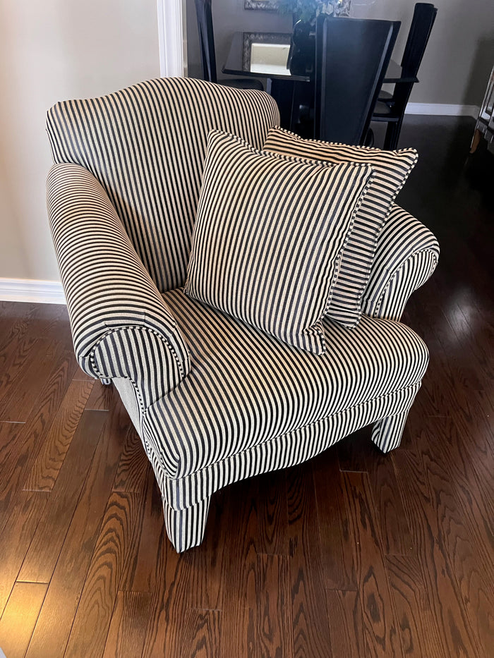 Black and White Striped Upholstered Armchair