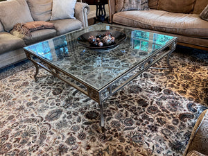Large Solid Glass & Metal Ornate Coffee Table