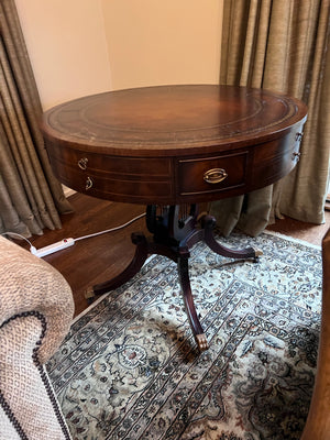 Round Leather Top Drum Table (*condition noted)