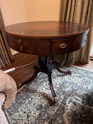 Round Leather Top Drum Table (*condition noted)