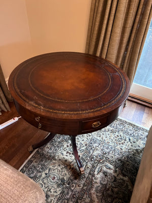 Round Leather Top Drum Table (*condition noted)