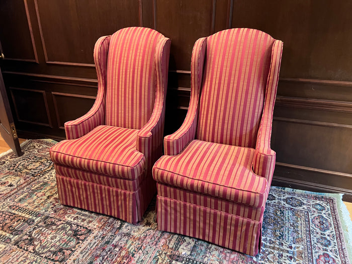 Pair of Red & Gold Striped Wingback Chairs