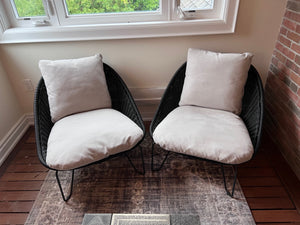 Pair of Black Wicker Patio Chairs w/Cushions