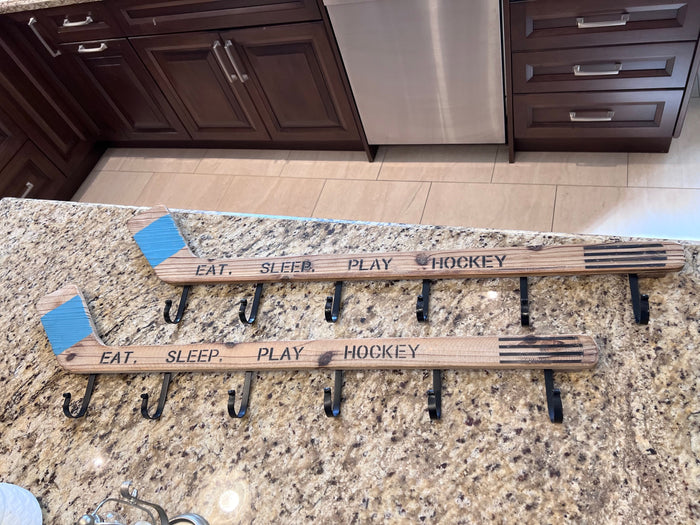 2 Wood 'Eat, Sleep, Play' Hockey Stick Six-Prong Wall Hooks