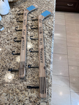 2 Wood 'Eat, Sleep, Play' Hockey Stick Six-Prong Wall Hooks