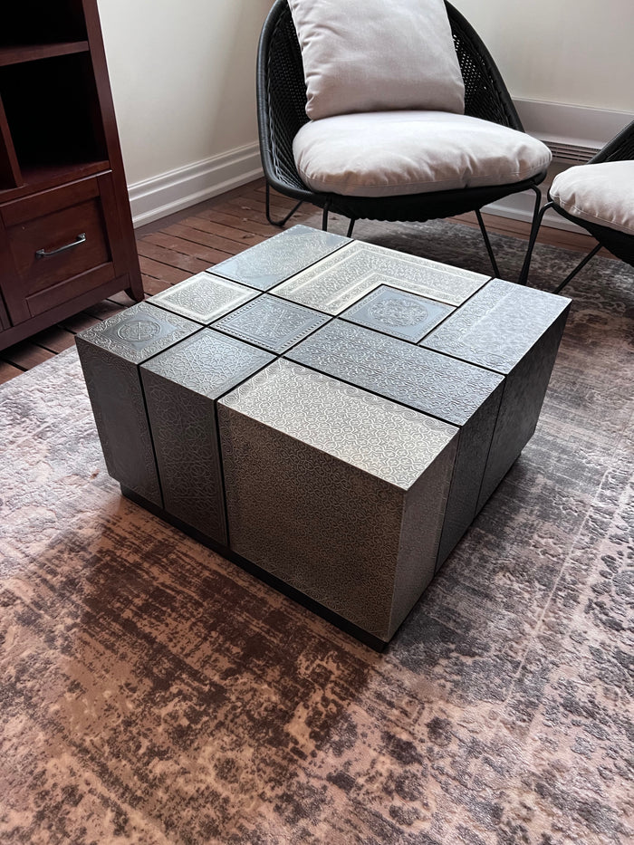 Square Coffee Table, Metal Finish w/Designs