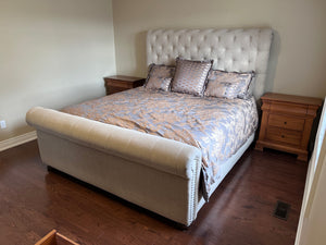 Beige Upholstered Tufted King Bed Frame