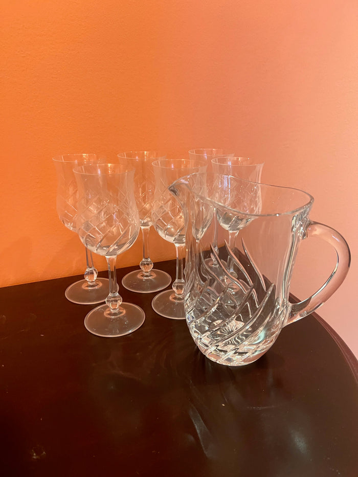 6 Crystal Wine Glasses + Crystal Pitcher
