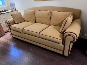 Ethan Allen Beige 3-Seater Sofa with Brown Leather Trim