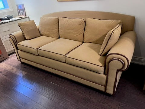 Ethan Allen Beige 3-Seater Sofa with Brown Leather Trim