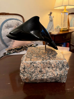 George Pratt Black Stone Whale Sculpture on Granite Base